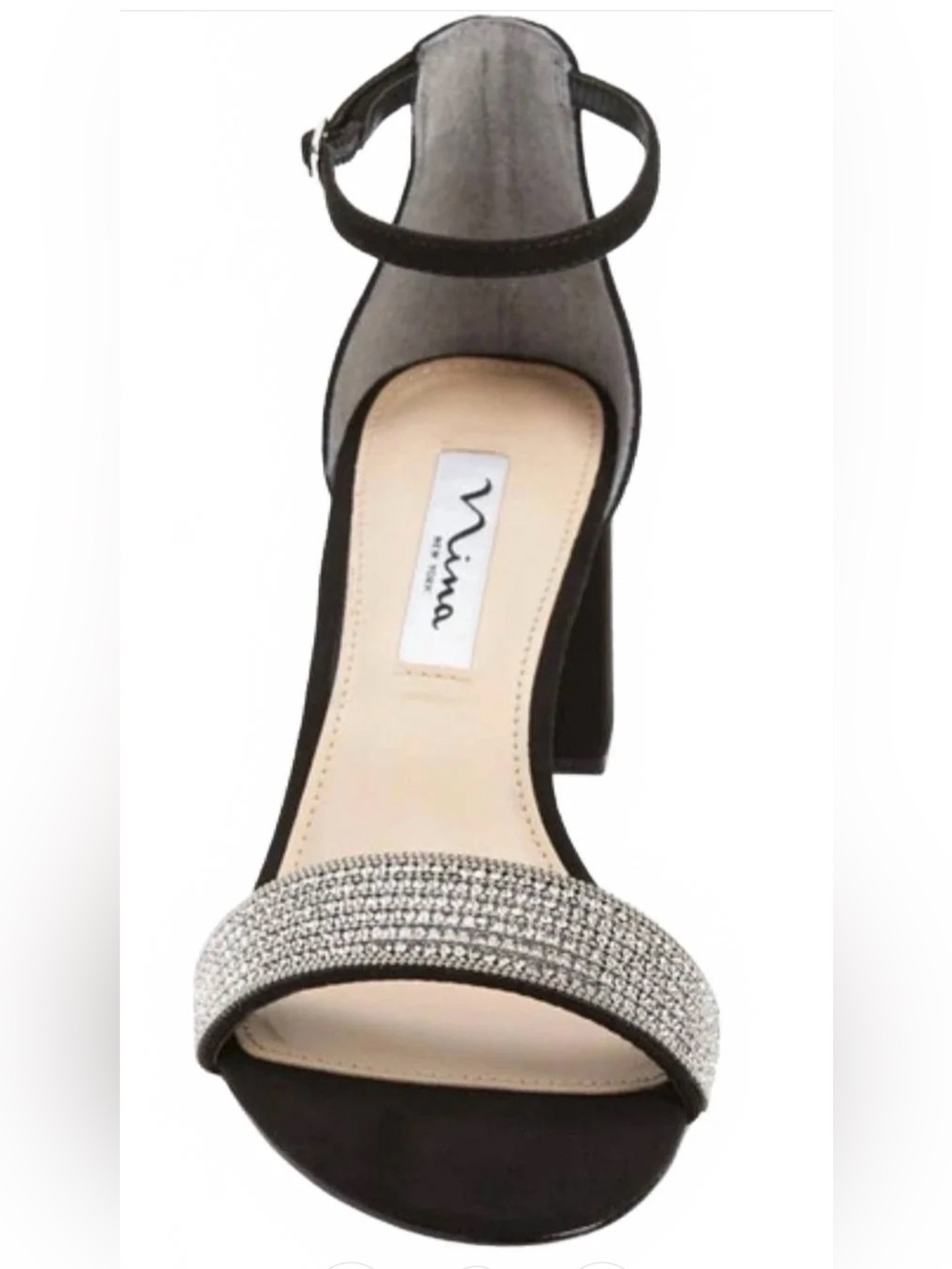 ANNA New York Black Block Heel Sandal with Rhinestone Toe Band